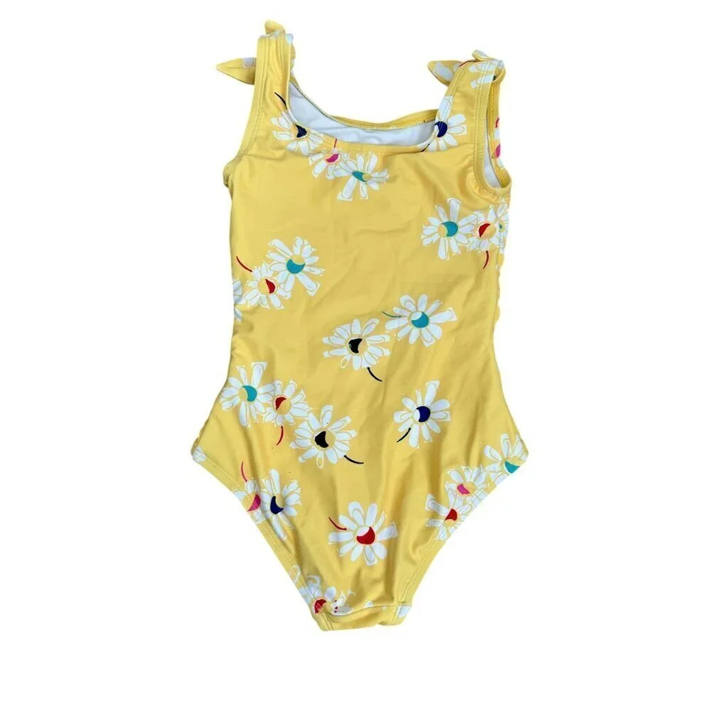 Hanna Andersson Girls Yellow Daisy Floral One-Piece Swimsuit With Adjustable Sho